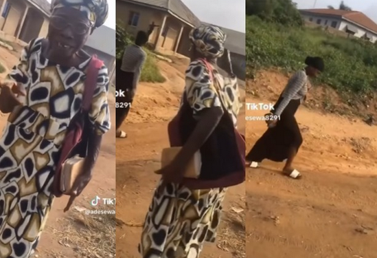 Trending video of Nigerian grandma rebuking a random young lady for exposing her boobs (video)