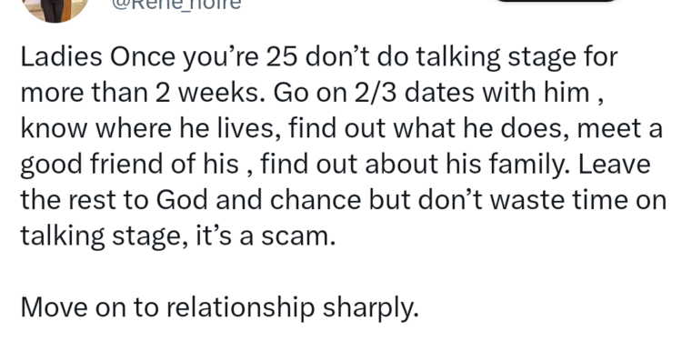 “Talking stage is a scam” — Lady warns ladies over 25 against wasting time