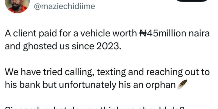 Car dealer expresses concern after man who paid a whooping N45m for a vehicle since 2023 is yet to pick it up