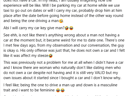 Since I bought a car, I started finding it very hard to date a man who does not have a car – Nigerian woman says