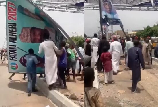 Angry youths destroy President Tinubu’s 2027 campaign billboard in Kano state (video)