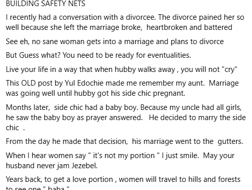 Be ready for eventualities – Nigerian woman advises women as she narrates how her aunt’s marriage fell apart after he impregnated and married his side chick