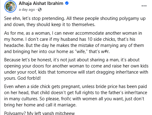 I don’t care if my husband has 10 side chicks as long as he doesn’t marry any of them – Nigerian woman says