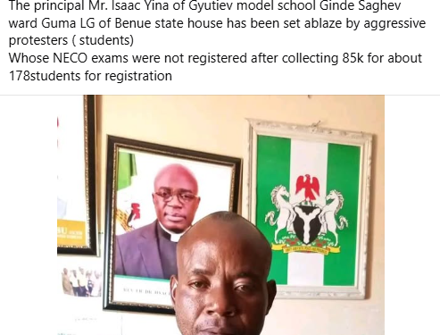 Angry students set principal’s house ablaze in Benue after accusing him of failing to register them for NECO exam despite collecting money