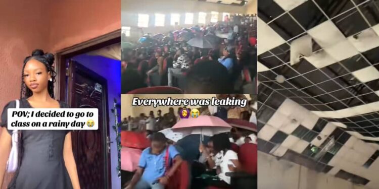 IMSU student exposes poor lecture hall condition as rain forces students to use umbrellas