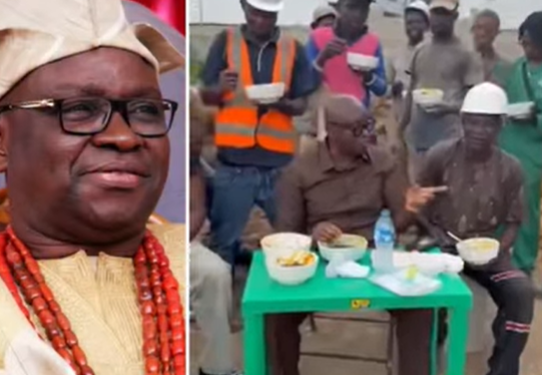 Fayose enjoys amala meal with construction workers as he celebrates his court victory (video)