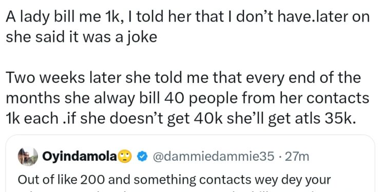 X user shares how lady makes up to 40k monthly by billing her contacts 1k each
