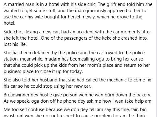 One passenger killed as side chick crashes into Keke while driving new car belonging to the wife of her lover
