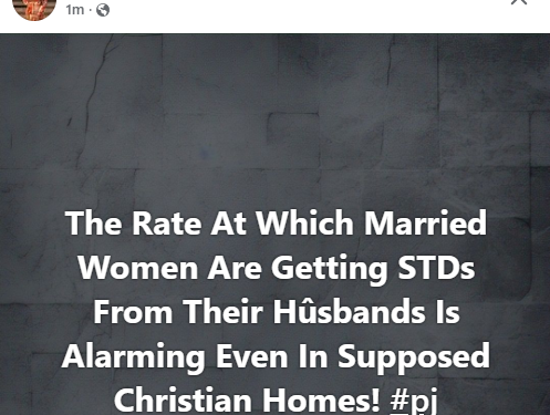 The rate at which married women are getting STDs from their husbands is alarming, even in supposed Christian homes – Nigerian pastor’s wife says