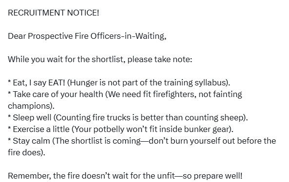 Your potbelly won’t fit inside bunker gear – Federal Fire Service advises prospective officers to prioritize fitness and personal health