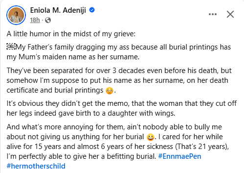 They’ve been separated for 30 years – Nigerian lady says her father’s family is dragging her for using her late mum’s maiden name in burial printings