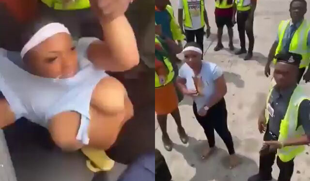 Breast Exposed As Female Passenger Drags With Airport Officials While Been Carried Out Of The Air Plane