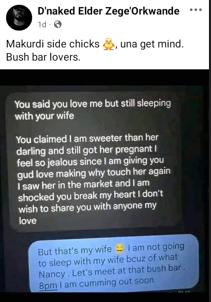 Makurdi side chicks are bold – Benue man says as he shares screenshot of chat between a lady and her married lover