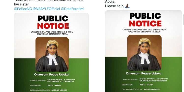 Friends raise alarm over lawyer who was ‘kidnapped’ while travelling to Benin after attending her Call to Bar ceremony in Abuja