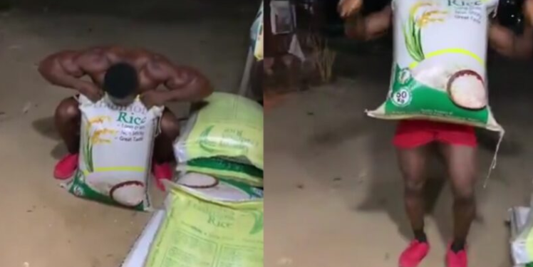 Man lifts big bags of rice with his teeth