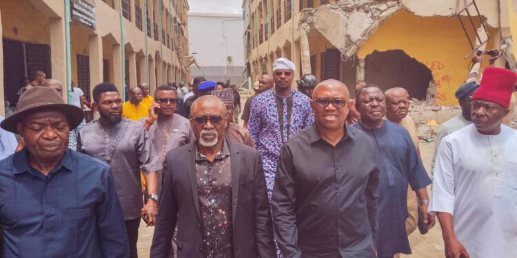 Peter Obi and Senator Abaribe visit Lagos Trade Fair to inspect site of demolished buildings and condole with traders