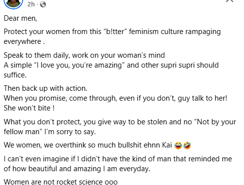 Protect your women from bitter feminism culture rampaging everywhere – Nigerian woman advises men