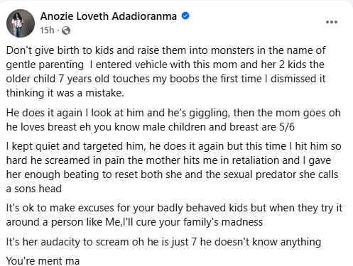 Nigerian woman narrates how she handled a 7-year-old boy and his mother after he touched her boobs inside commercial vehicle