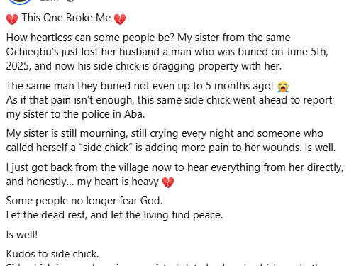 Some people no longer fear God – Nigerian man fumes as side chick fights over property of his sister’s late husband
