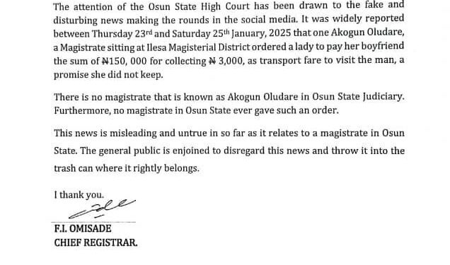 Osun State Judiciary denies asking woman to pay N150K for not showing up after collecting N3K transport fare from boyfriend