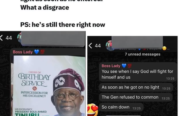 Nigerian woman claims that power went out and the backup generator failed to come on just as President Tinubu arrived her mum’s church for his birthday thanksgiving