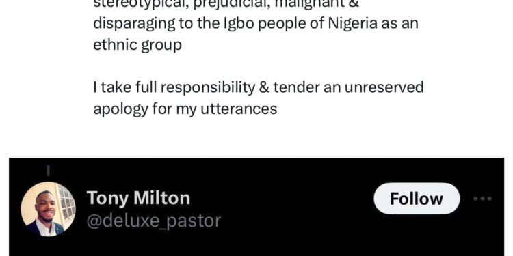 RCCG Pastor apologises after old tweets of him making disparaging comments about Igbos surfaced