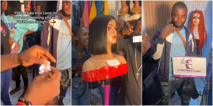 Moment bikeman wins ‘expensive’ bone straight wig at shop opening