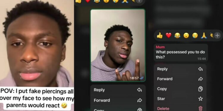 Man shares parents’ reaction as he pranks them with fake piercings