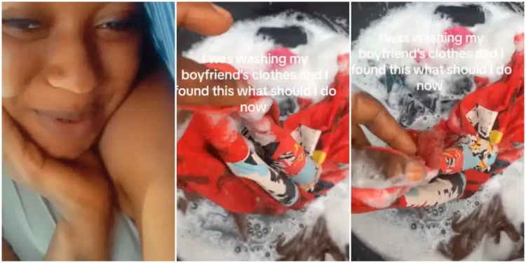 Heartbroken lady displays disturbing object she found while washing boyfriend’s clothes at home