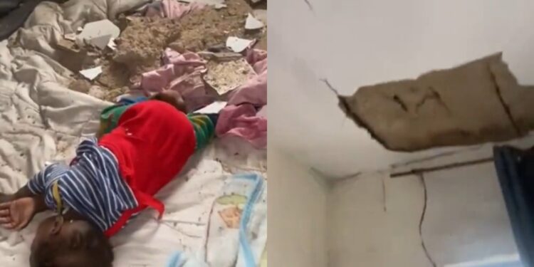 Sleeping baby narrowly escapes being crushed by falling ceiling (video)