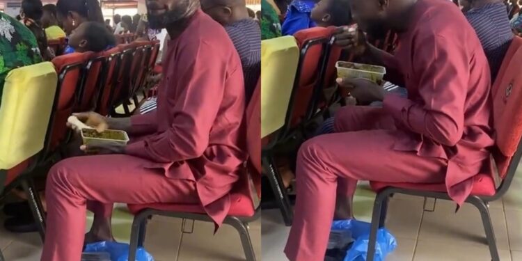 Man filmed eating swallow and soup in church (video)