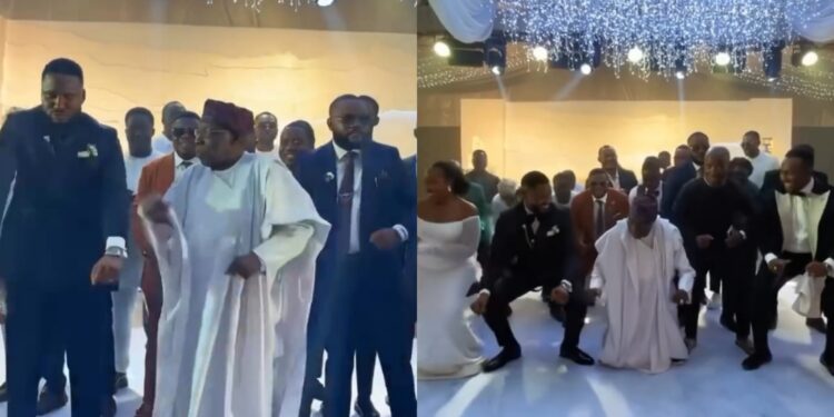 Former President Olusegun Obasanjo shows how strong his knees are as he dances with newlyweds and their wedding guests (video)