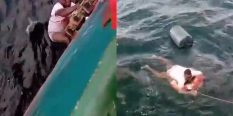 Moment man lost in middle of ocean for over 4 hours is rescued after his boat capsized in Delta state (video)