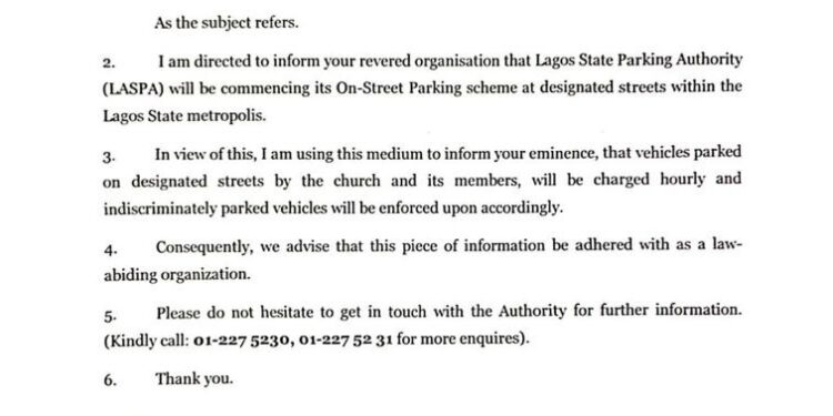 LASG To Start Charging Cars Parked Outside Church Premises Per Hour