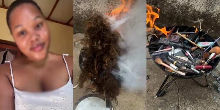 Lady sets fire to makeup and wigs as she embraces ‘God’s natural beauty’