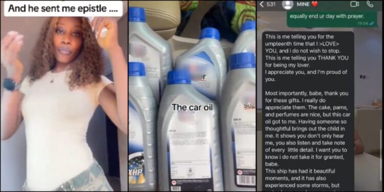 Lady shares boyfriend’s reaction after buying him engine oil as birthday gift