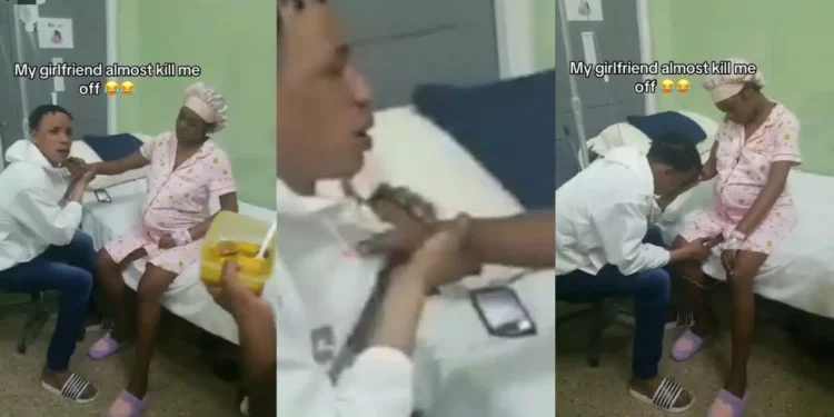 Lady shocks social media as she holds onto boyfriend’s shirt in labor room, won’t let go