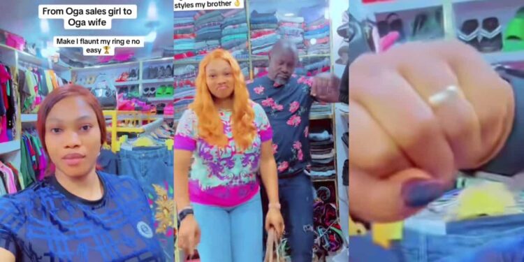 Lady shocks the internet as she graduates from sales girl to oga’s wife, flaunts ring
