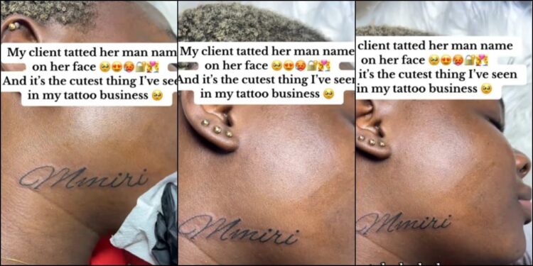 Lady stirs jealousy as she tattoos boyfriend’s name on her neck