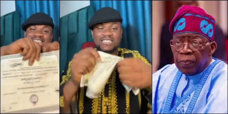 Man laments over bad governance, tears his NYSC certificate