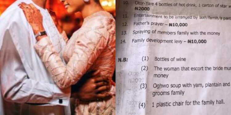Nigerian woman shares marriage list her family gave to her husband
