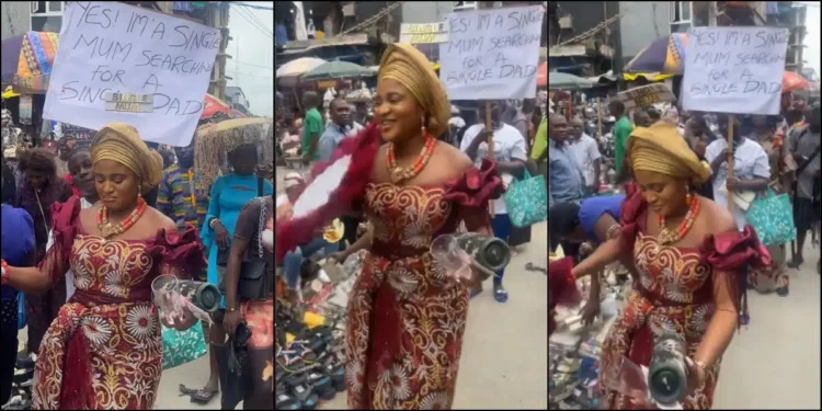 Single mom storms market with placard to search for single dad to marry