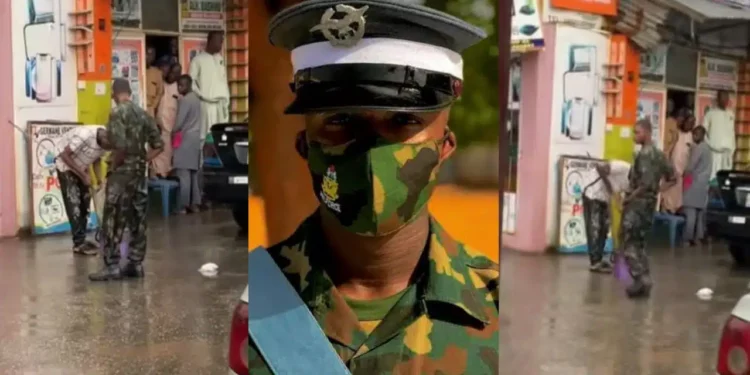 Soldier forces man to mop shopping mall in heavy rain for wearing military camouflage
