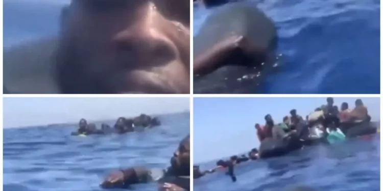 Nigerian man trying to reach Europe through the Mediterranean Sea cry out for help after their means of transport capsized (video)