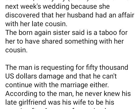 Nigerian woman calls off her wedding a week to ceremony after she discovered her fiancé had an affair with her late cousin