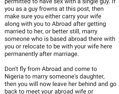 Any woman whose husband is based abroad is permitted to have sex with a single guy – Nigerian man says