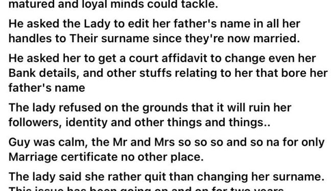 Marriage collapses over wife’s refusal to take husband’s surname