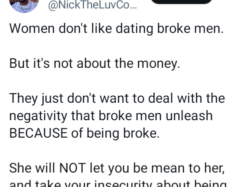 Nigerian man gives reasons women don’t like dating broke men