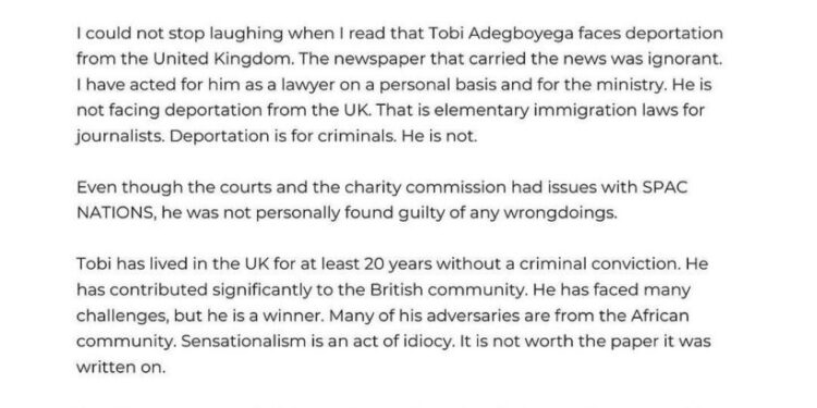 Pastor Tobi not facing deportation – Lawyer refutes report