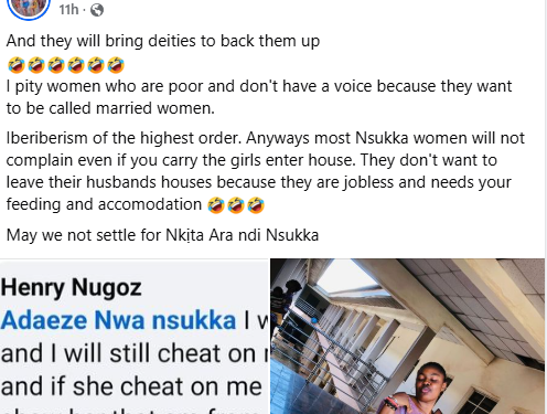 I will cheat on my wife and if she cheats on me, I will show her that I am from Nsukka – Nigerian man says